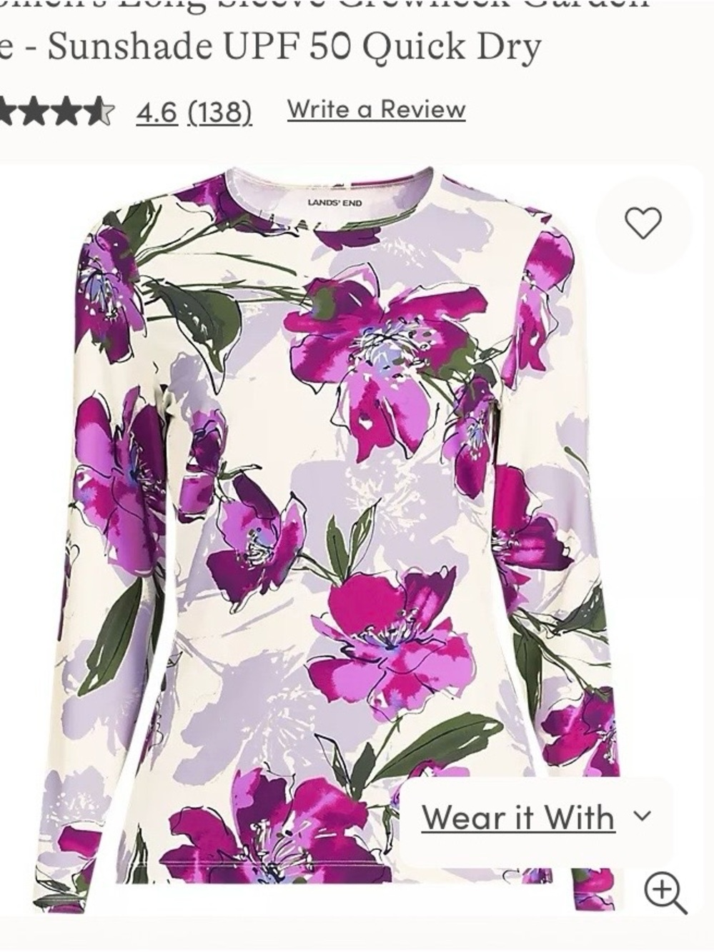 Women’s Lands' End Egret Berry Floral Long-Sleeve Garden Rash Guard XL NWT